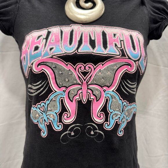 Canyon River Blues Y2K Black Graphic Baby Tee Butterfly Sparkly - Picture 3 of 8